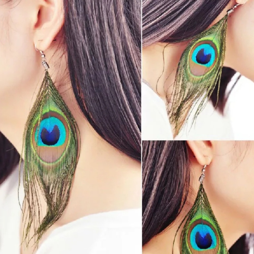 NEW BOHO Style Peacock Feather Dangle Earrings - Picture 2 of 4